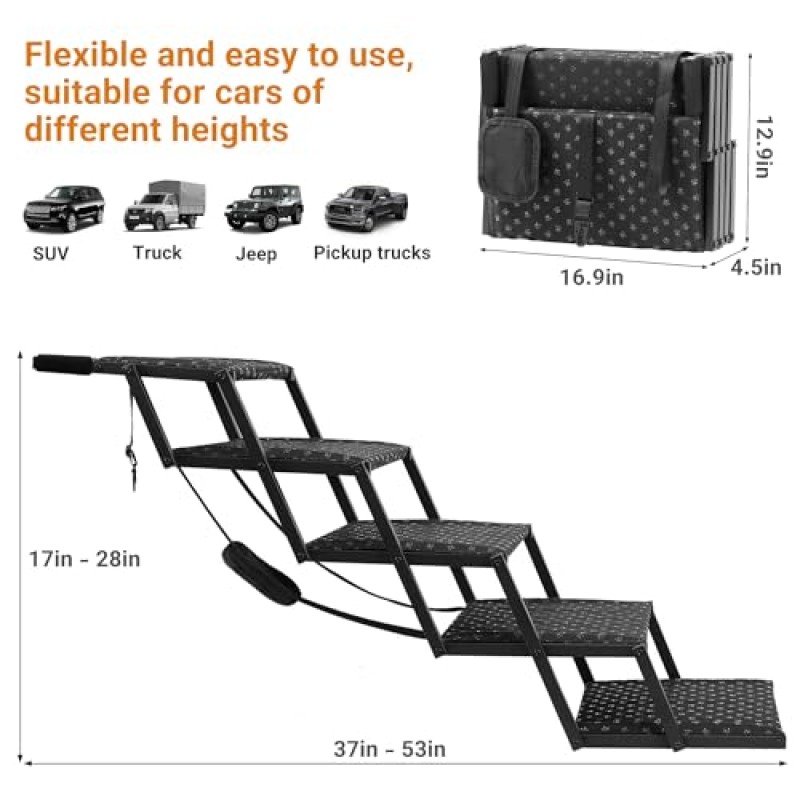 자동차용 Niubya 개 경사로, 자동차, SUV, 트럭용 휴대용 접이식 개 계단, 미끄럼 방지 표면이 있는 대형견용 경량 애완 동물 경사로, 강화된 개 계단은 최대 200lb, 5단계를 지원합니다.