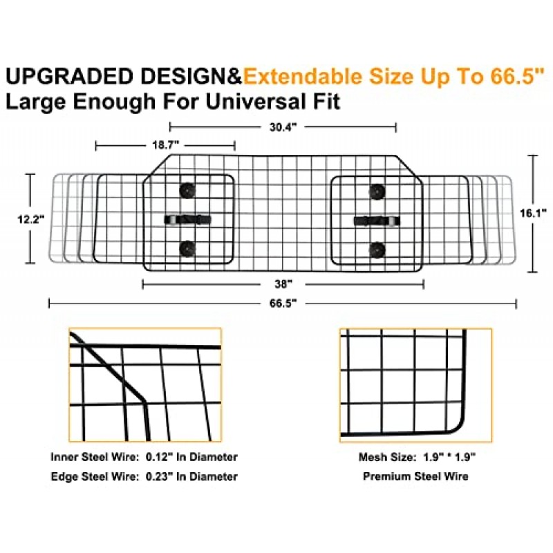NOAMOO 38-66.5 인치 SUV, 밴, 차량용 개 자동차 배리어, 조정 가능한 대형 애완 동물 배리어, 범용 맞춤 헤비듀티 철망 개 가드, 트럭 화물 구역용 애완 동물 디바이더 게이트, 안전 자동차 디바이더