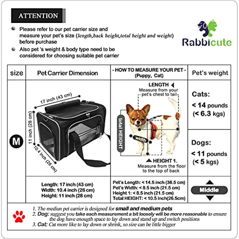 RABBICUTE 애완견 개 고양이 캐리어 가방(중소형 개용) 빨 수 있는 아늑한 침대 잠금 장치가 있는 고양이용 안전 지퍼 어깨 끈 항공사 승인 애완 동물 캐리어 휴대용 접이식 강아지 캐리어 탈출 방지