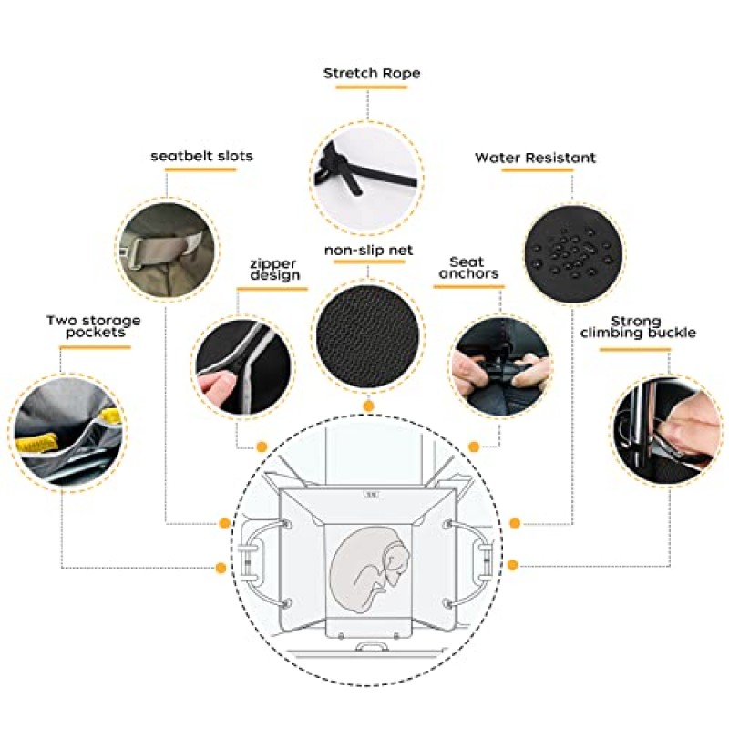 njnj 뒷좌석용 카시트 커버 - 자동차용 방수 하프 해먹, 긁힘 방지 애완동물 뒷좌석 보호 장치, 소형, 중형 및 대형견용 내구성, 미끄럼 방지 부스터