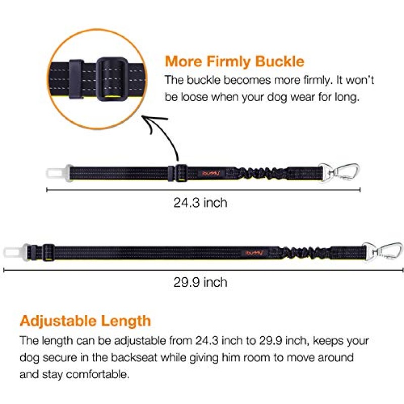 소형/중형/대형견 차량용 iBuddy 개 안전 벨트, 이중 안전 볼트 후크 및 차량용 탄성 내구성 나일론 개 안전 벨트가 있는 개 하네스용 조정 가능한 애완 동물 안전 벨트