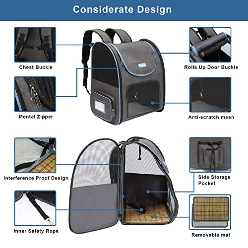대형 확장형 개 캐리어 배낭, 고양이용 통기성 메쉬가 있는 휴대용 애완동물 여행 캐리어, 강아지 및 소형 동물 여행, 하이킹, 비행기 승인(진한 회색)