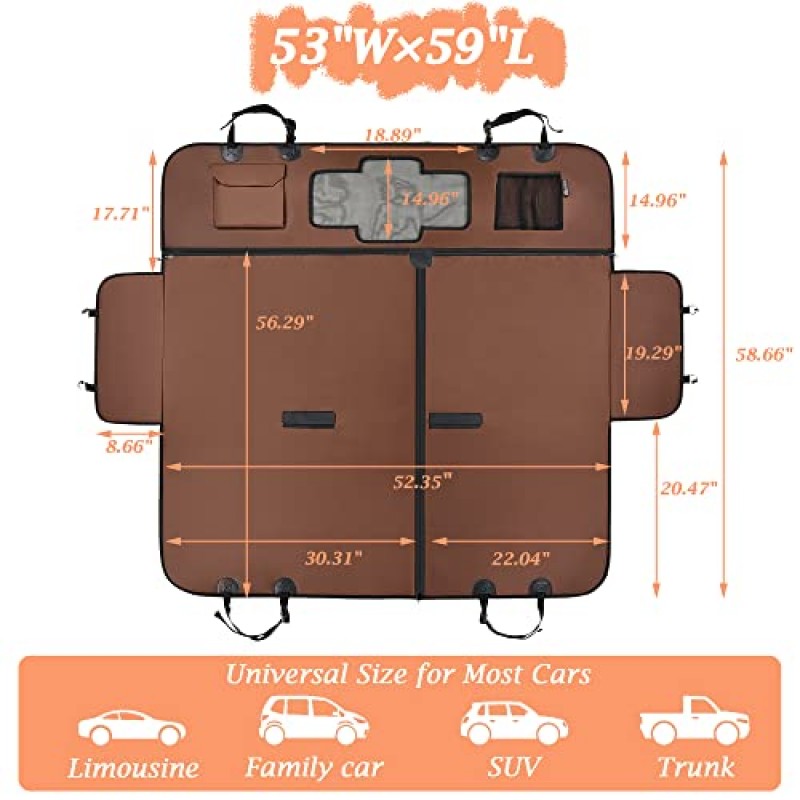 뒷좌석용 Coverado 개 카시트 커버, 자동차 위트 방수 메쉬 창용 개 해먹, 개용 600D 헤비 듀티 뒷좌석 커버 애완동물 브라운