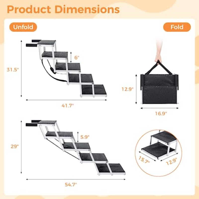 대형견용 개 계단, 자동차용 개 경사로, 자동차용 개 계단, 높은 침대, 소파, 트럭, 자동차 및 SUV-100Lbs용 미끄럼 방지 고무 매트가 있는 접이식 업그레이드 알루미늄 프레임 애완동물 사다리 경사로