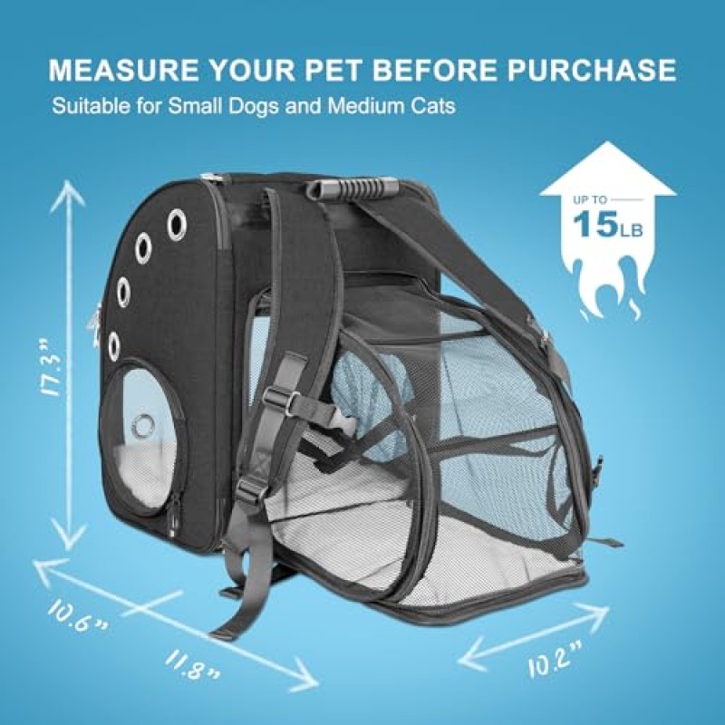접이식 고양이 배낭 캐리어 - 휴대용 개 여행 가방 애완동물 배낭, 통풍이 잘되는 디자인, 소형견용 개 배낭 캐리어(등받이 확장 포함)/하이킹/캠핑/최대 15파운드 중형 애완동물용