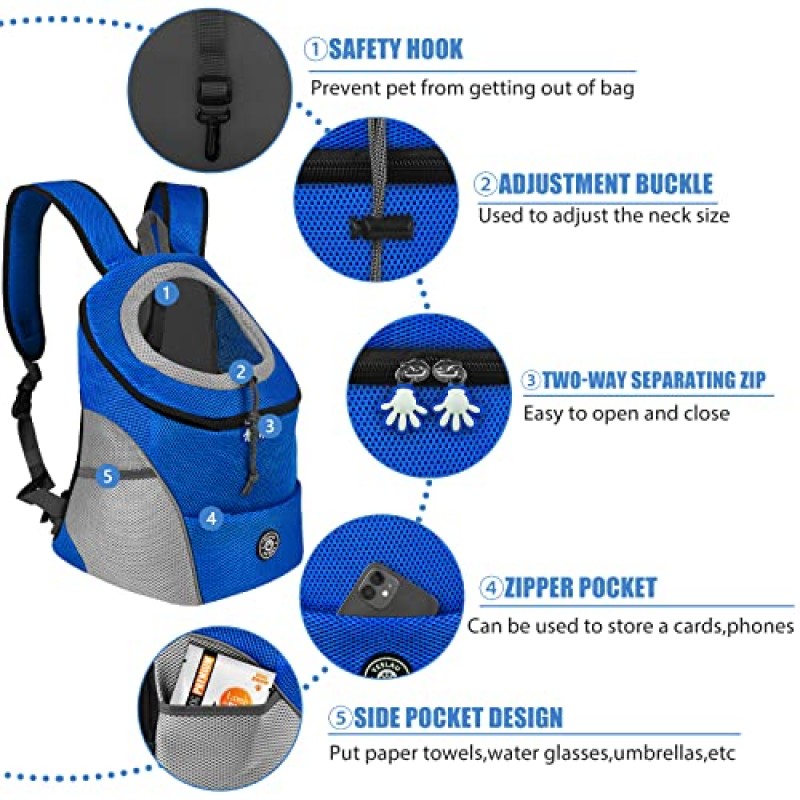 YESLAU 개 배낭 캐리어 소형 중형 개용 애완 동물 캐리어 여행 가방 프론트 팩 야외 고양이 하이킹을위한 안전 반사 스트립으로 통기성 조절 가능