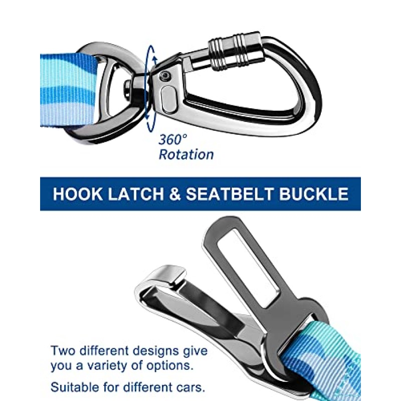 Hotsky 개 안전 벨트, 조정 가능한 안전 안전 벨트 3-in-1 차량용 하네스 클립 후크 래치 버클 회전 아연 합금 카라비너가있는 자동차 나일론 탄성 번지 버퍼 테더 (블루 카모)