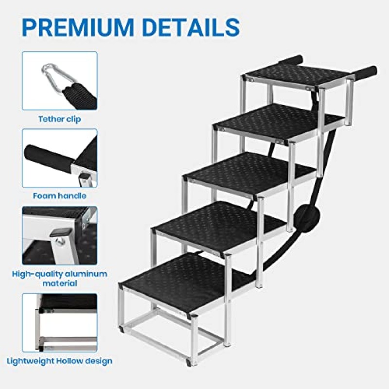 Barpor 개 경사로 자동차, SUV 및 트럭을 위한 휴대용 개 계단 조정 가능한 알루미늄 개 계단 미끄럼 방지 표면이 있는 경량 애완 동물 사다리 대형 개 200-250 Lbs, 4/5 단계(4단계 업그레이드) 지원
