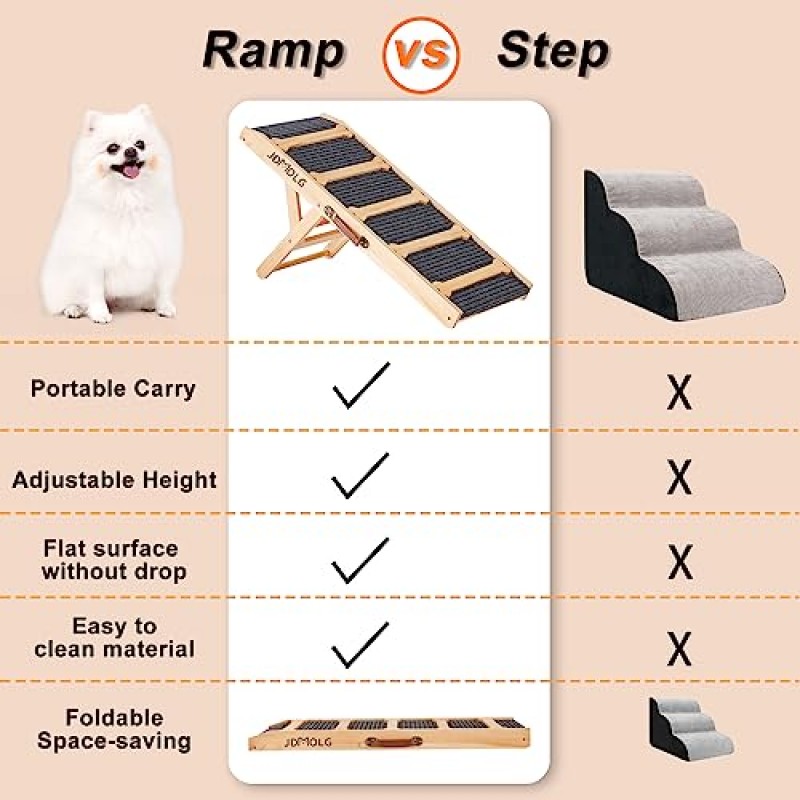 JDMOLG 침대용 조정 가능한 개 경사로 - 소파용 나무 접이식 애완 동물 경사로 소형 대형견용 휴대용 개 경사로 - 미끄럼 방지 견인 표면이 있는 13