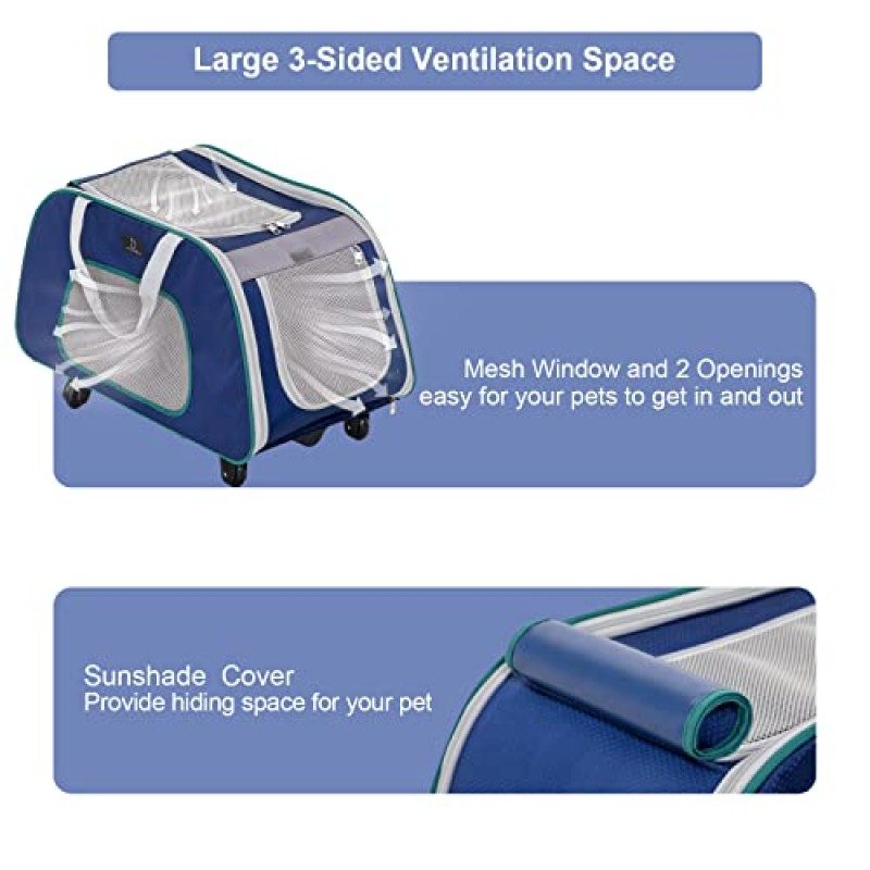 바퀴가 달린 4마리의 애완견 캐리어, 탈착식 베이스, 확장 가능한 핸들 및 4륜 디자인, 메쉬 환기창 및 안전 로프가 있는 최대 33LBS의 접이식 롤링 애완동물 캐리어, 네이비 블루
