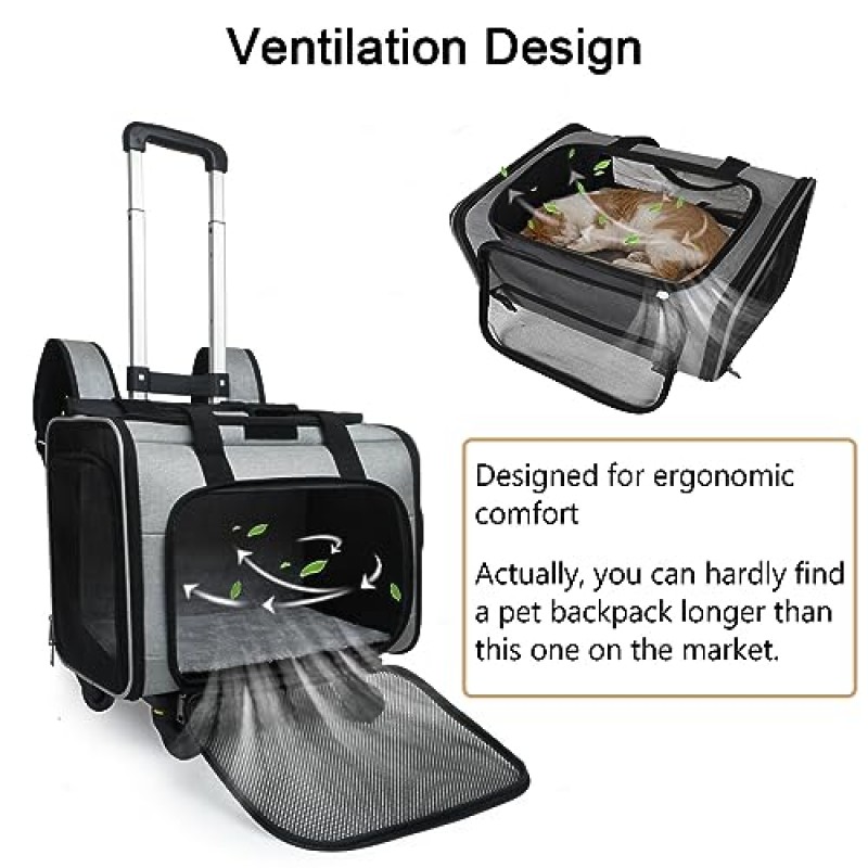 GJEASE Airline 승인 바퀴가 있는 확장형 애완동물 캐리어 배낭(대공간), 내구성 있는 손잡이와 유연한 바퀴가 있는 롤링 배낭, 통기성이 있고 내구성이 뛰어난 메쉬 패널(대부분의 비행기 승인)