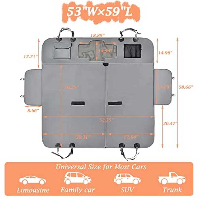 개용 뒷좌석 커버, 메쉬 창이 있는 뒷좌석용 방수 개 카시트 커버, 자동차, 트럭, SUV용 600D 헤비 듀티 긁힘 방지 미끄럼 방지 개 시트 커버 개 해먹-회색