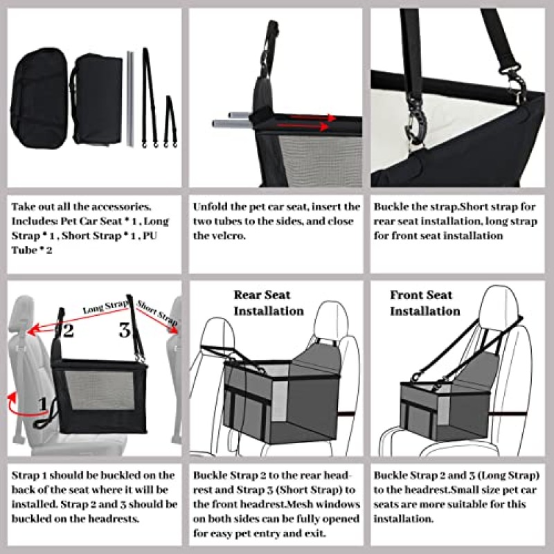 Pigirdle 개 여행용 카시트 애완 동물 자동차 부스터(클립 온 안전 끈 포함), 지지 파이프 강화 붕괴 방지, 개용 휴대용 접이식 여행 가방 고양이 또는 50lb 미만의 기타 중형 애완 동물, 검정색 L