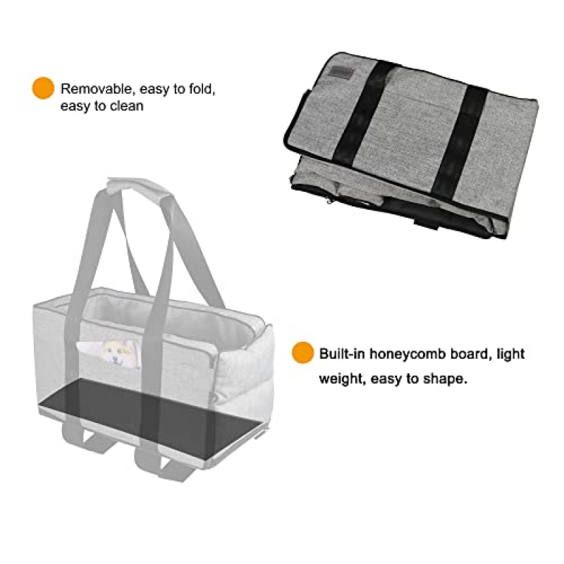 애완동물 안전 부스터 시트, 소형견 고양이용 센터 콘솔 카시트, 강아지 팔걸이 부스터 시트, 애완동물 세척 가능 여행용 팔걸이 침대 가방, 소형 애완동물용 탈착식 강아지 카시트 최대 13파운드(회색)