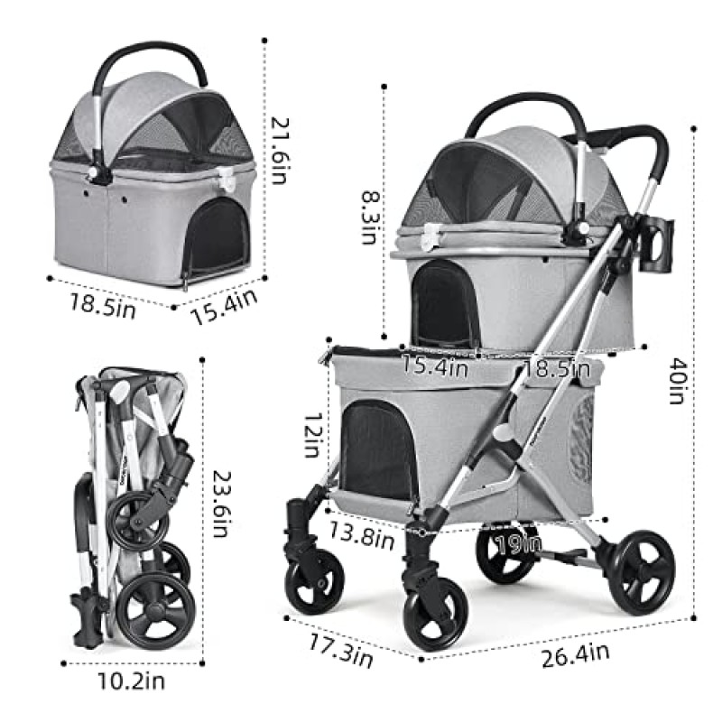Beberoad Pets T1 개 또는 고양이 2마리용 더블 애완동물 유모차 여행 캠핑을 위한 분리형 캐리어가 포함된 경량 접이식 더블 애완동물 유모차(회색)
