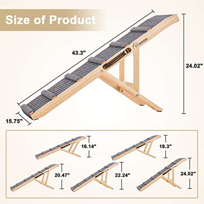 개 계단, 나무로 조절 가능한 개 경사로 43.5' 길이 5 높이 250LBS 용량 소파 침대용 가죽 손잡이가 있는 미끄럼 방지 접이식 자동차 실내 옥외 소형 중형 대형 애완동물