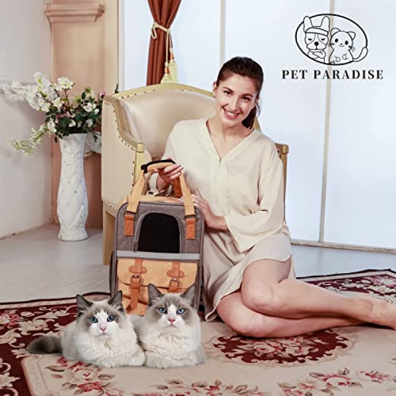 PET PARADISE 뚱뚱한 고양이와 작은 개를 위한 애완동물 캐리어 백팩(최대 20lbs), 3면 통기성 메쉬와 탈착식 매트가 있는 애완동물 여행 캐리어 백팩, 내부 안전 끈이 있는 항공사 승인 애완동물 캐리어