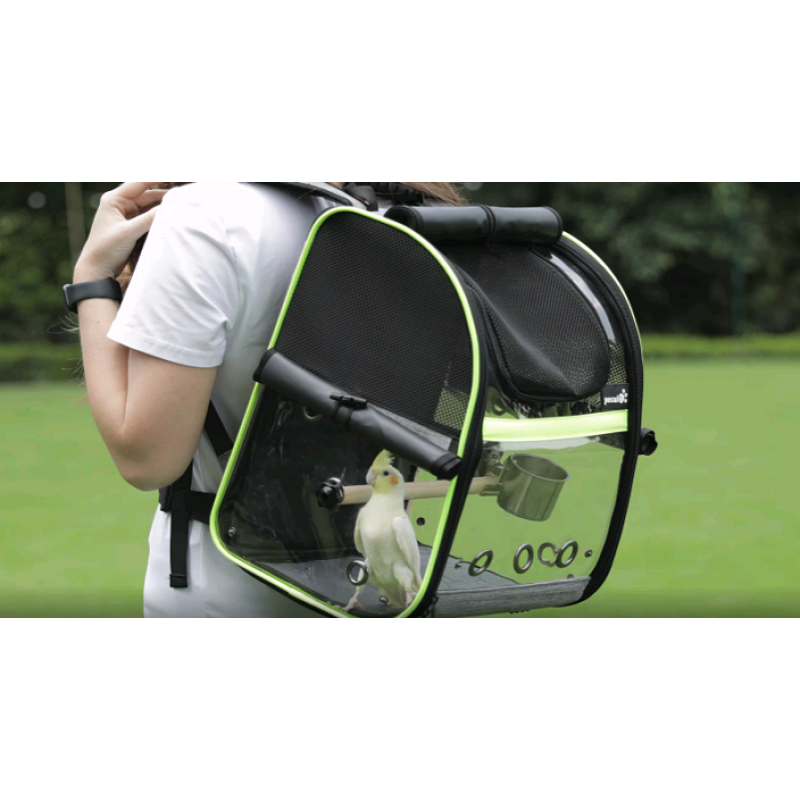 Pecute Bird Carrier Backpack, 보이는 창이 있는 앵무새 새 배낭, 조절 가능한 높이 스탠딩 퍼치, 먹이 캔, 방수 패드, 하이킹 캠핑을 위한 경량 접이식 새 여행 케이지