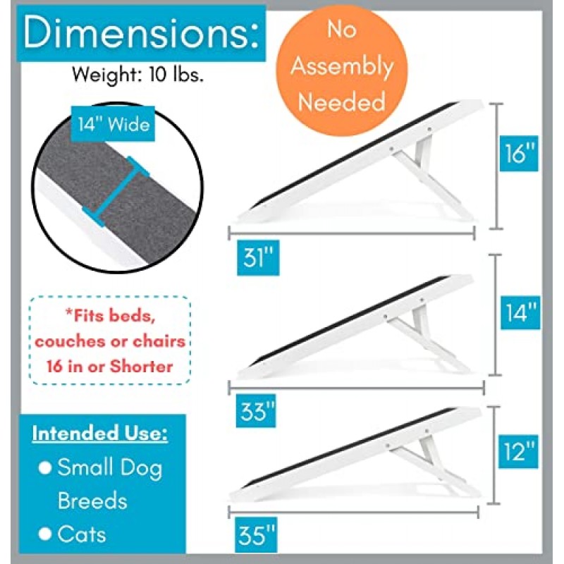 BIRDROCK HOME 낮은 침대 또는 소파용 조절식 개 경사로 - 소형견 또는 고양이 전용 - 장식용 나무 접이식 강아지 경사로 - 발 친화적인 그립 카펫 - 흰색 16