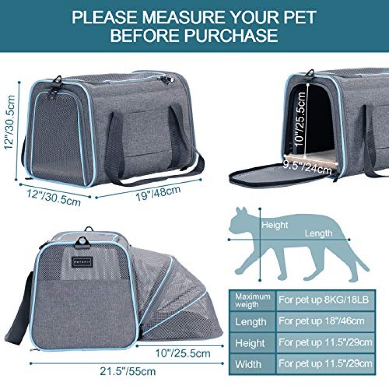 Petsfit 확장형 애완동물 캐리어, 19x12x12인치 소프트 양면 휴대용 고양이 캐리어 개 캐리어, 탈착식 플러시 매트, 잠금 안전 지퍼 및 포켓 포함