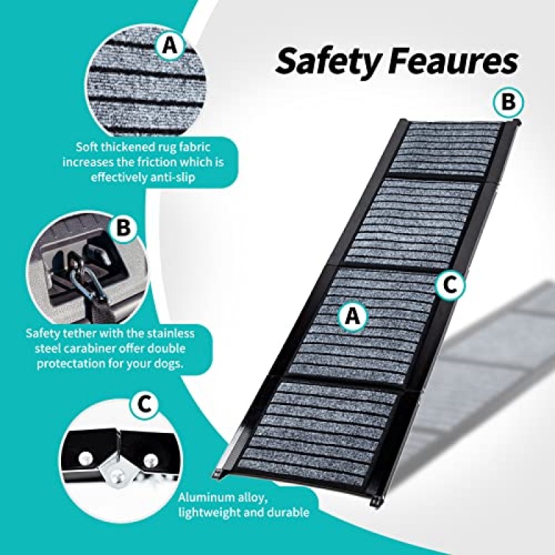 미끄럼 방지 깔개 표면이 있는 접이식 애완동물 자동차 경사로, 자동차 및 SUV용 휴대용 개 경사로, 최대 200lbs의 대형견을 위한 62