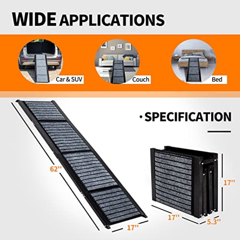 중형 및 대형견용 CJYMMFAN 접이식 개 자동차 경사로, 미끄럼 방지 러그 표면이 있는 휴대용 애완동물 계단 경사로, 대형견을 위한 62
