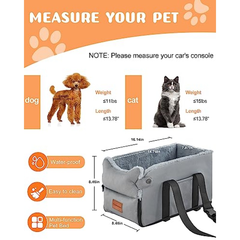 Colarlemo 센터 콘솔 개 카시트, 작은 개를 위한 개 카시트 0-15lbs, 휴대용 애완 동물 팔걸이 카시트, 안전 끈 및 패드가 있는 개 부스터 시트, 단일/이중 도어 팔걸이 적용 가능