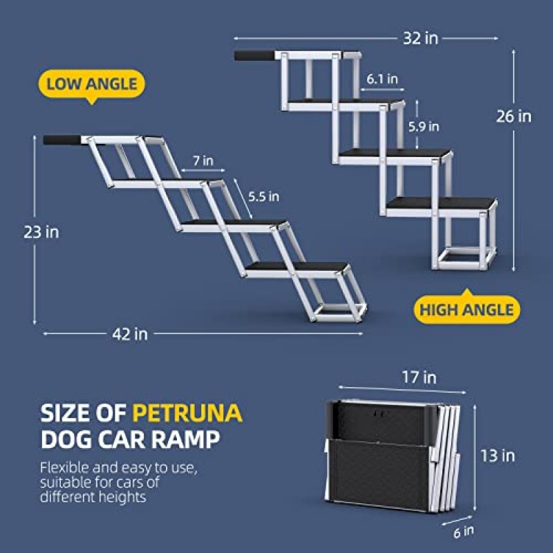 대형견용 PetRuna 개 자동차 램프, 미끄럼 방지 표면이 있는 휴대용 알루미늄 접이식 애완동물 사다리 램프, 자동차 SUV, 높은 침대 및 트럭용 경량 개 계단, 최대 150lbs, 4단계 지원