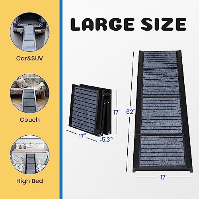 대형견을 위한 62인치 프리미엄 휴대용 개 경사로 미끄럼 방지 표면 접이식 및 경량 개 계단 소형 및 대형견을 위한 견고한 사다리 최대 200-250 LBS 자동차, SUV 및 트럭에 쉽게 접근 가능