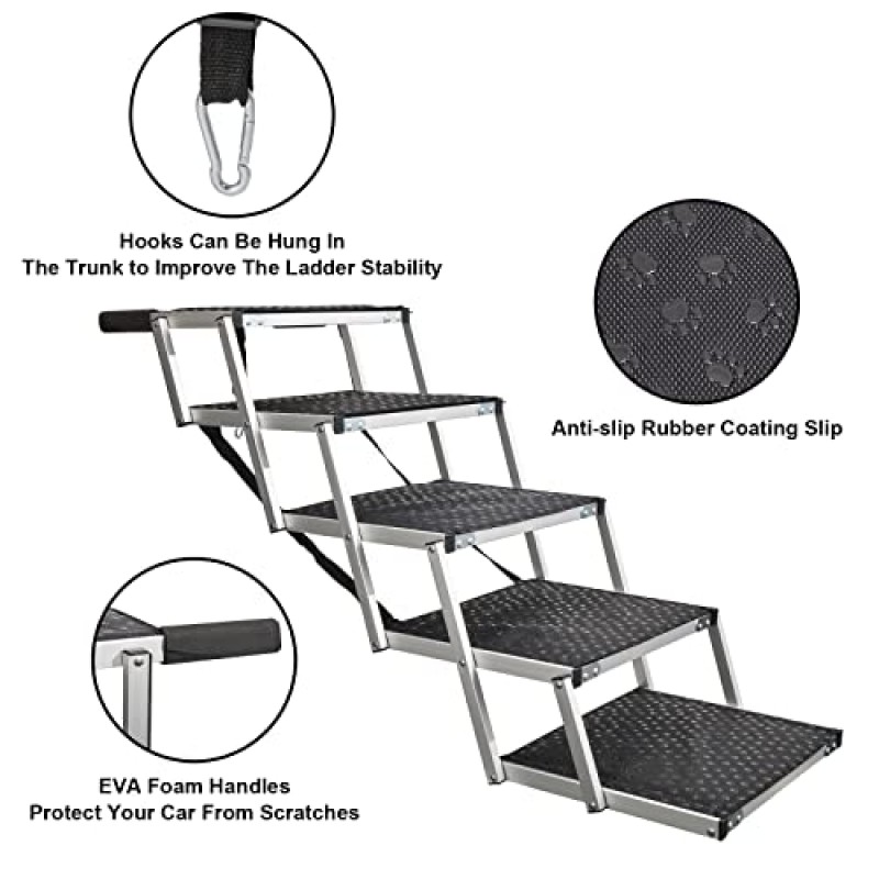대형견을 위한 개 차량 경사로, 최대 180lbs를 지원하는 WHDPETS 알루미늄 개 계단, 높은 침대, 트럭, 자동차 및 SUV용 미끄럼 방지 표면이 있는 접이식 애완 동물 사다리 경사로, 5단계