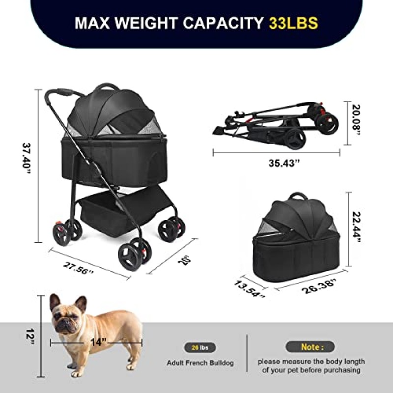 분리형 애완동물용 요람이 있는 소형 중형견용 유모차, 고양이 1마리용 고양이 유모차, 접이식 3 in 1 소형 중형견용 다기능 애완동물 유모차(3메쉬 창, 보관 바구니 포함)