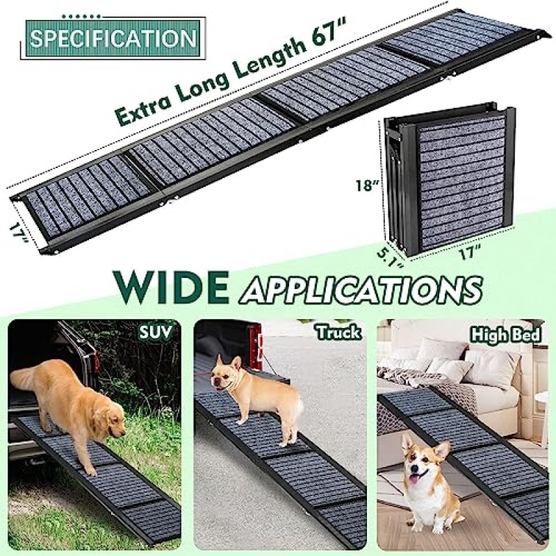 매우 긴 67인치 접이식 개 경사로 대형 개, 미끄럼 방지 러그 표면이 있는 개 자동차 경사로, 애완 동물 경사로 계단 중형 및 대형견을 위한 휴대용, 경량 개 계단 최대 220LBS 자동차, SUV 및 트럭에 탑승 가능
