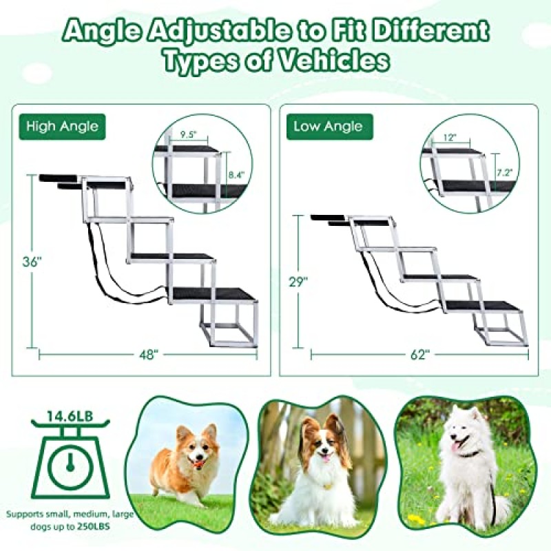 대형견을 위한 매우 넓은 개 계단, 4단계 경량 알루미늄 접이식 개 계단, 높은 침대, 소파, 자동차, Suv 및 트럭을 위한 19.2