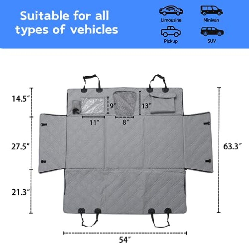 개를 위한 Adorepaw 뒷좌석 확장 장치, 메쉬 창 다중 포켓이 있는 개 자동차 시트 커버, 자동차 방수 자동차 캠핑 매트리스용 개 해먹, 자동차 SUV 트럭용 비팽창식 자동차 침대(회색)