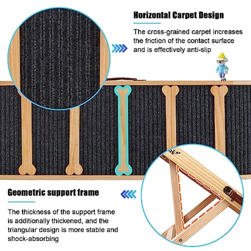 침대용 Sakgos 개 경사로, 소파용 조정 가능한 애완 동물 경사로, 높은 침대용 개 경사로 작은 개부터 큰 개까지, 침대 자동차 및 소파용 천연 나무 접이식 휴대용 개 고양이 경사로, 미끄럼 방지 카펫 표면