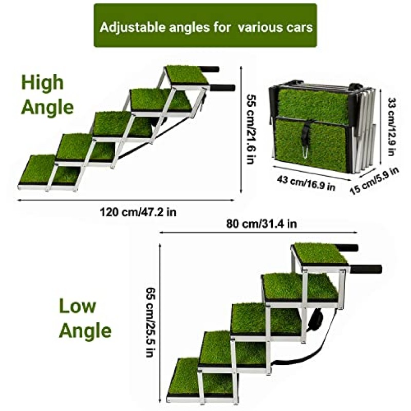 대형견용 개 계단 5단계 및 인공 잔디 표면을 갖춘 경량 알루미늄 개 경사로, 자동차 SUV 및 높은 침대용 접이식 애완견 경사로, 경량 개 계단, 최대 150파운드 지원