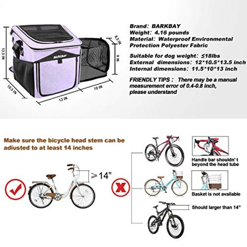 BARKBAY 개 자전거 바구니 캐리어, 확장 가능한 접이식 부드러운 양면 개 캐리어, 개방형 도어 2개, 반사 테이프 5개, 애완 동물 여행 가방, 개 배낭 캐리어 소형 중형 고양이와 개에게 안전하고 쉬운 개(보라색)