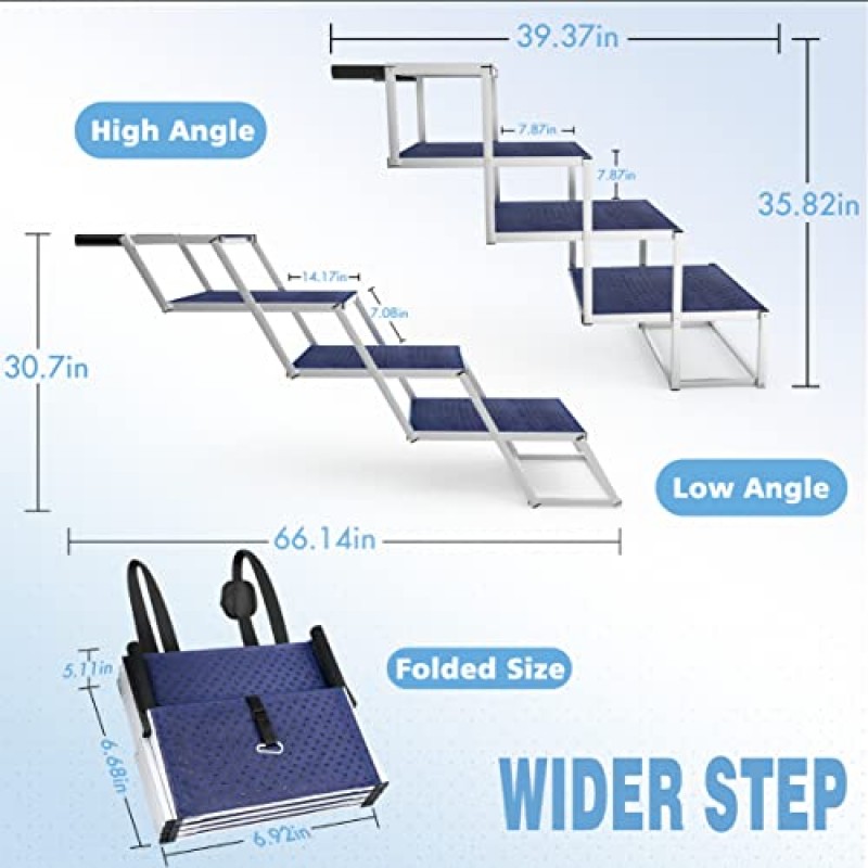 대형견을 위한 GREENBOX 엑스트라 와이드 개용 자동차 계단, 접이식 알루미늄 경량 계단 자동차, 트럭 및 SUV(미끄럼 방지 휴대용 애완동물에 적합) 늙은 개와 고양이에 적합, 5개는 250lbs 지원, 파란색, PR-1