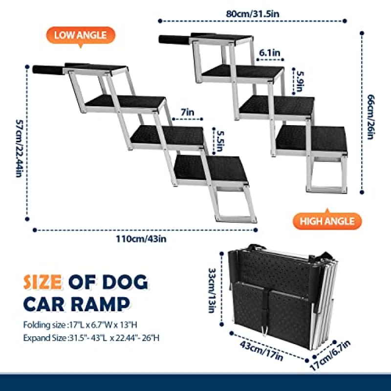 대형견을 위한 Petour 개 자동차 계단, 미끄럼 방지 표면이 있는 경량 알루미늄 접이식 애완 동물 경사로, 자동차, SUV, 높은 침대 및 트럭을 위한 애완 동물 사다리 개 계단