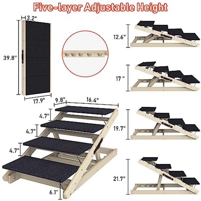 개 램프, 높은 침대용 조절 가능한 계단, 접이식 계단 침대, 소형 및 대형견, 미끄럼 방지 표면이 있는 램프 카, 나무 및 소파