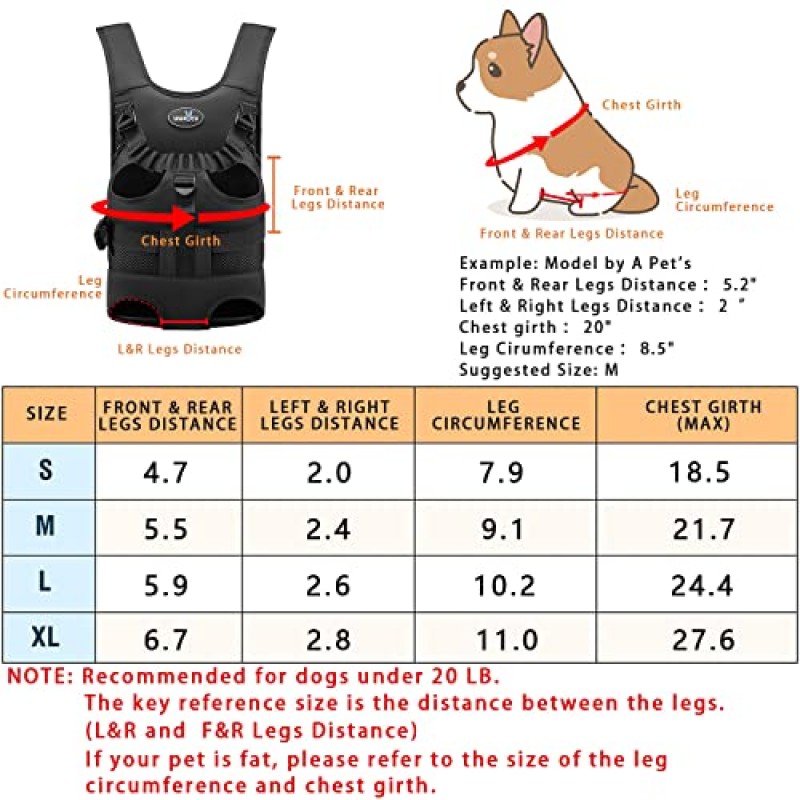 작은 개를 위한 Wakytu 개 전면 캐리어 백팩, 다리를 뻗은 애완 동물 캐리어 슬링 백팩, 조절 가능한 패딩 통풍 어깨 스트랩, 여행용 하이킹 캠핑, XL에 적합