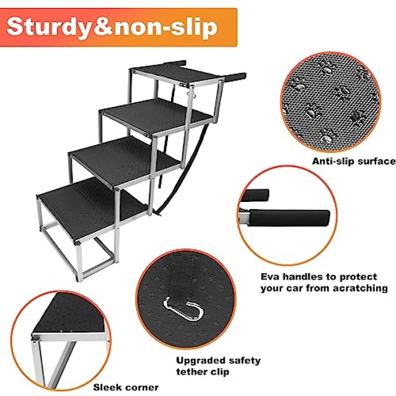 대형견을 위한 매우 넓은 접이식 개용 자동차 계단, 미끄럼 방지 표면이 있는 휴대용 알루미늄 애완동물 경사로, 자동차용 경량 개 사다리 경사로, 높은 침대, SUV, 트럭, 4단계, 최대 150lbs 지원