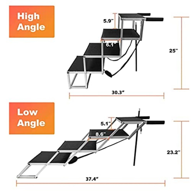 대형견을 위한 매우 넓은 접이식 개용 자동차 계단, 미끄럼 방지 표면이 있는 휴대용 알루미늄 애완동물 경사로, 자동차용 경량 개 사다리 경사로, 높은 침대, SUV, 트럭, 4단계, 최대 150lbs 지원