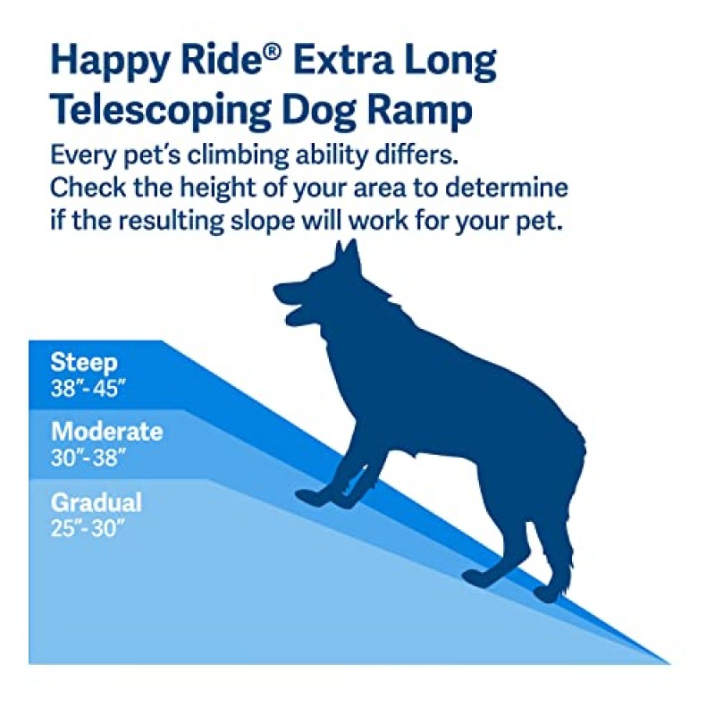 PetSafe Happy Ride 자동차, 트럭, SUV 및 미니밴용 엑스트라 롱 텔레스코핑 개 경사로 - 47~87인치 확장 - 대형견용 휴대용 애완 동물 경사로 - 알루미늄 프레임 무게 18lb, 최대 300lb 지원