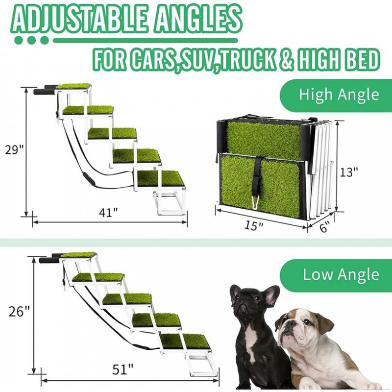 업그레이드된 대형견용 개 계단, 인공 잔디 표면이 있는 휴대용 개 계단, 자동차 및 SUV용 개 경사로, 차량, 트랙 및 높은 침대용 내구성 있는 개용 자동차 계단, 최대 150lbs 지원