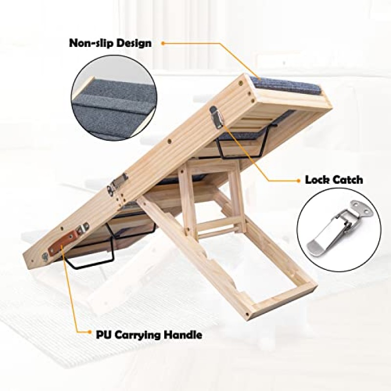 APPOLYN 조정 가능한 개 경사로, 미끄럼 방지 표면이 있는 중소 노령 동물을 위한 휴대용 접이식 애완 동물 계단, 13.4'에서 18.1'까지 조정 가능한 높이 2개, 정격 65LBS, 침대, 소파, 소파용 개 계단