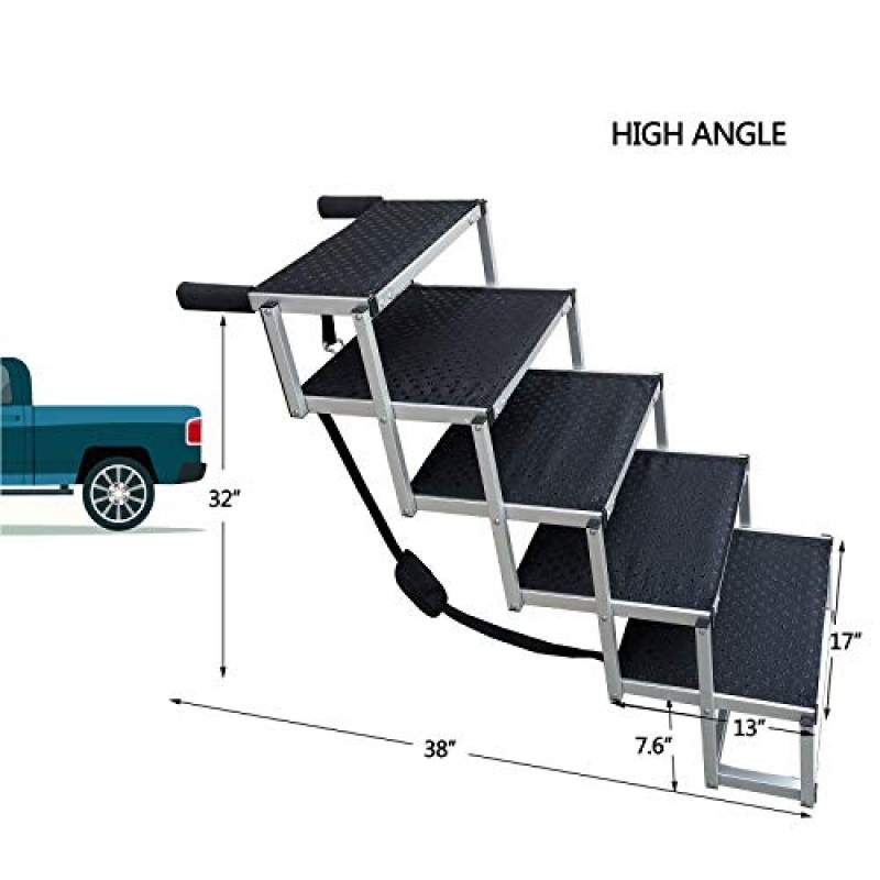5개의 계단이 있는 브랜드가 없는 개 경사로로 SUV, 자동차, 높은 침대, 경량 및 미끄럼 방지 표면을 갖춘 최대 200Lbs의 대형견을 위한 휴대용 및 접이식 계단을 위한 업그레이드된 알루미늄 프레임 애완동물 계단
