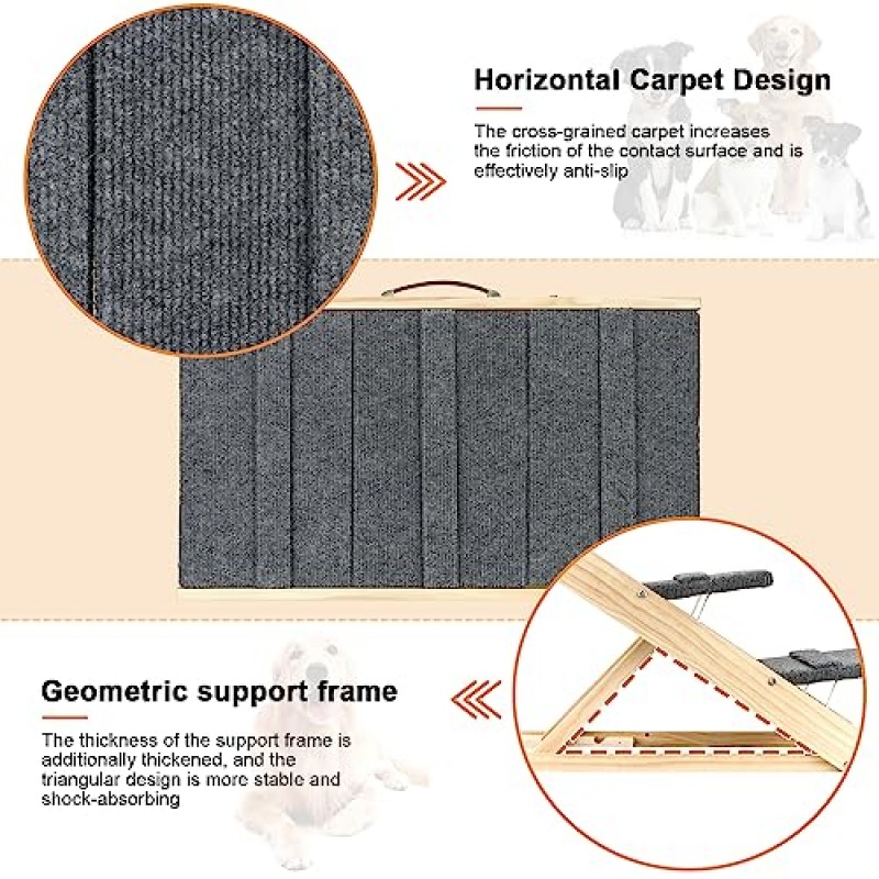 개 경사로, 침대용 2-in-1 개 경사로 나무 접이식 애완동물 계단 3단계 미끄럼 방지 고양이 경사로, 13
