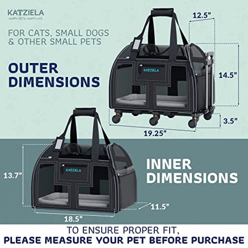 항공사 규정을 준수하는 애완동물 캐리어 - 작은 개, 강아지 또는 고양이를 위한 롤링 휴대용 여행용 운반 상자 - 메쉬 창 측면이 있는 부드러운 탈착식 바퀴 디자인 - 비행기 및 TSA 규격 - Katziela 제작