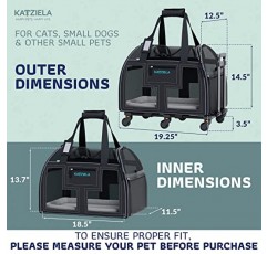 항공사 규정을 준수하는 애완동물 캐리어 - 작은 개, 강아지 또는 고양이를 위한 롤링 휴대용 여행용 운반 상자 - 메쉬 창 측면이 있는 부드러운 탈착식 바퀴 디자인 - 비행기 및 TSA 규격 - Katziela 제작
